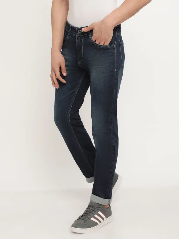Octave Men Navy Blue Low Distress Stretchable Jeans