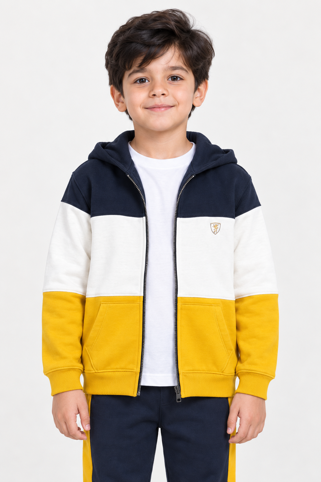 Junior Boys Cotton Brushed Fleece Cut & Sew Tracksuit – Mustard & Navy Regular Fit