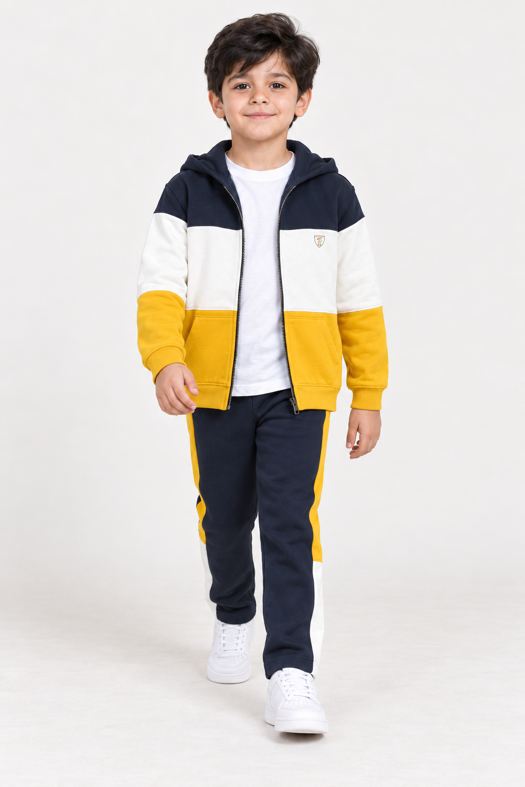 Junior Boys Cotton Brushed Fleece Cut & Sew Tracksuit – Mustard & Navy Regular Fit