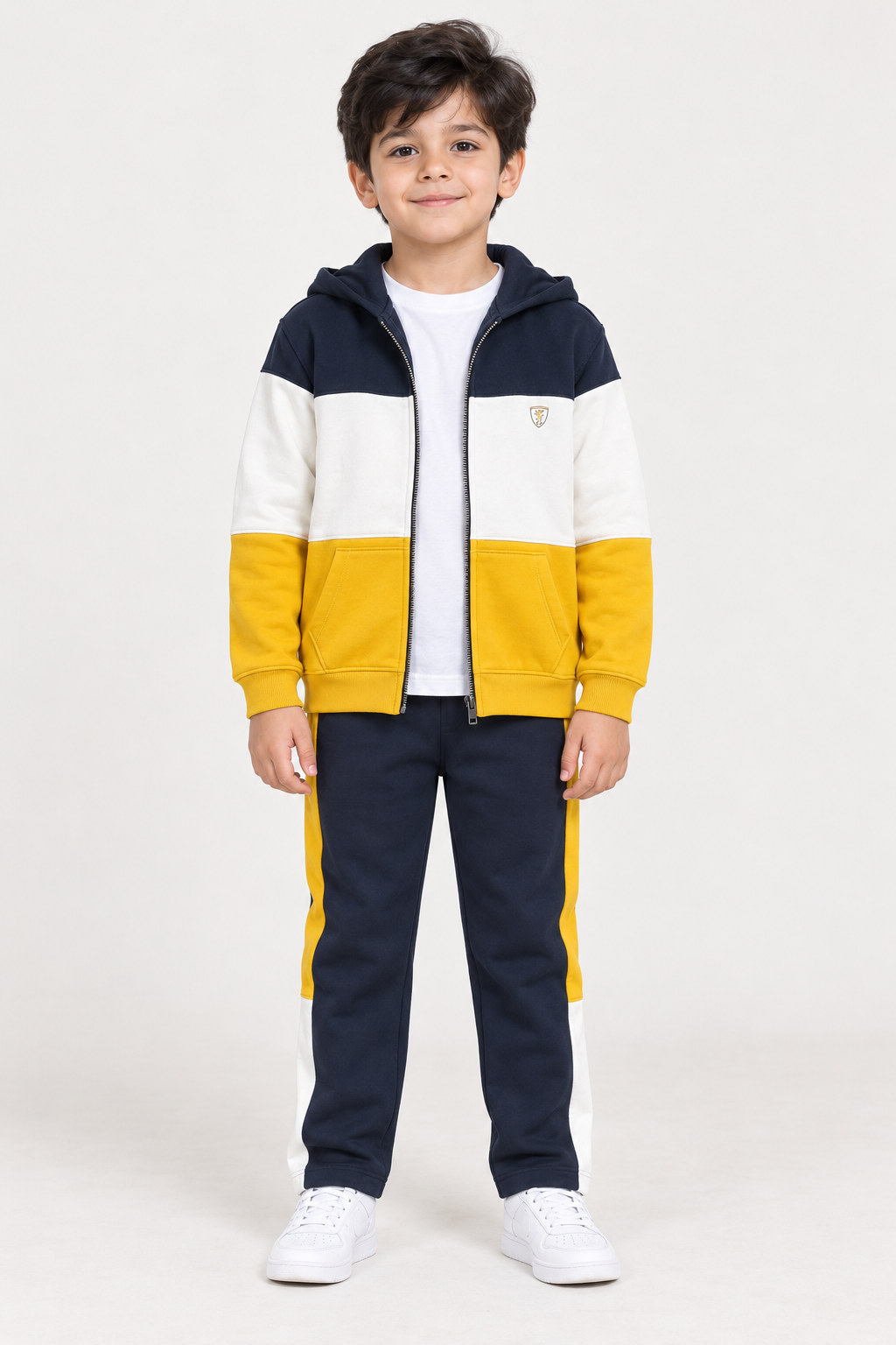 Junior Boys Cotton Brushed Fleece Cut & Sew Tracksuit – Mustard & Navy Regular Fit