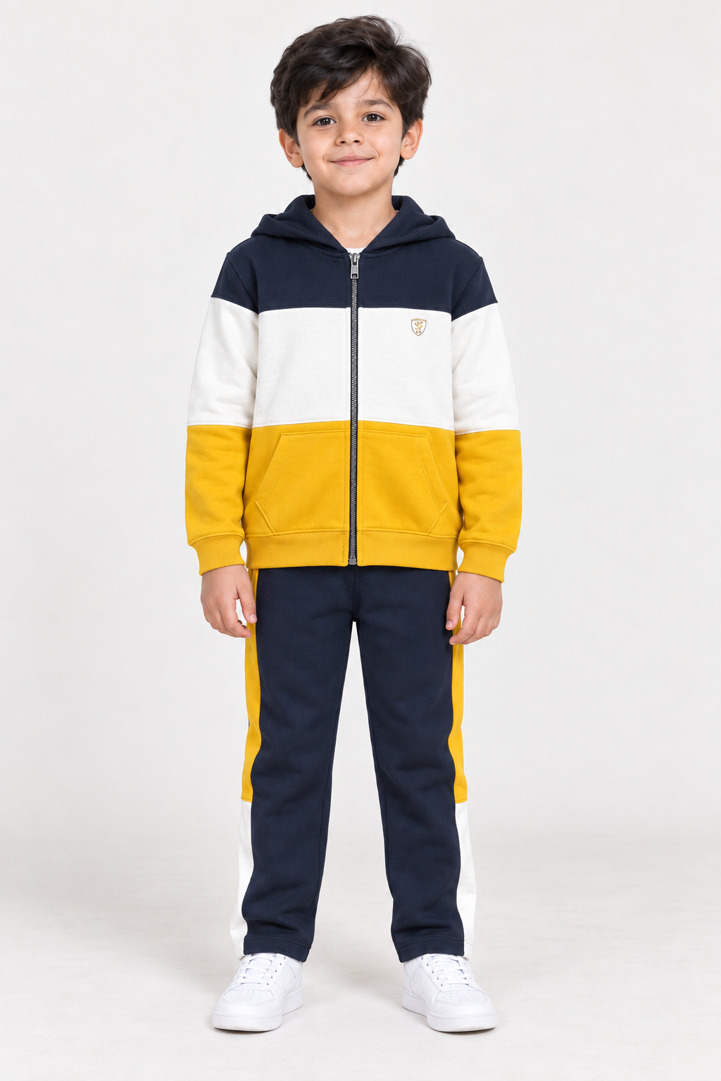 Junior Boys Cotton Brushed Fleece Cut & Sew Tracksuit – Mustard & Navy Regular Fit