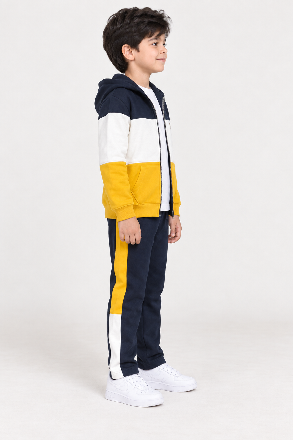 Junior Boys Cotton Brushed Fleece Cut & Sew Tracksuit – Mustard & Navy Regular Fit