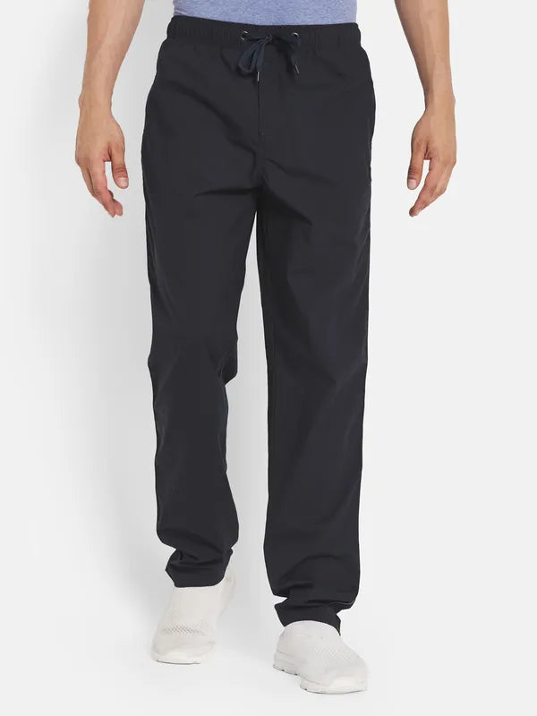 Men Navy Blue Solid Cotton Track Pant