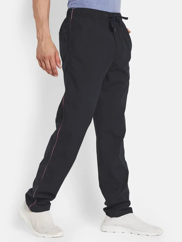 Men Navy Blue Solid Cotton Track Pant