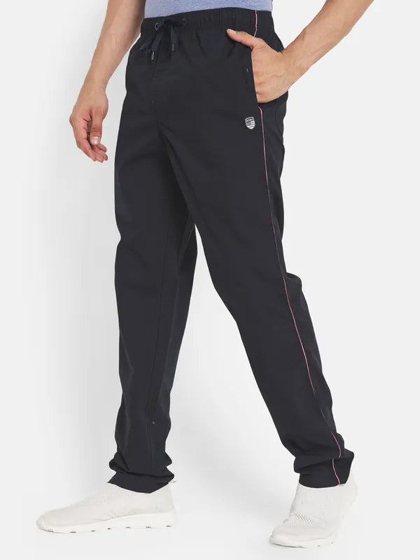 Men Navy Blue Solid Cotton Track Pant