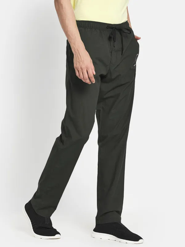 Men Olive Green Solid Cotton Track Pants