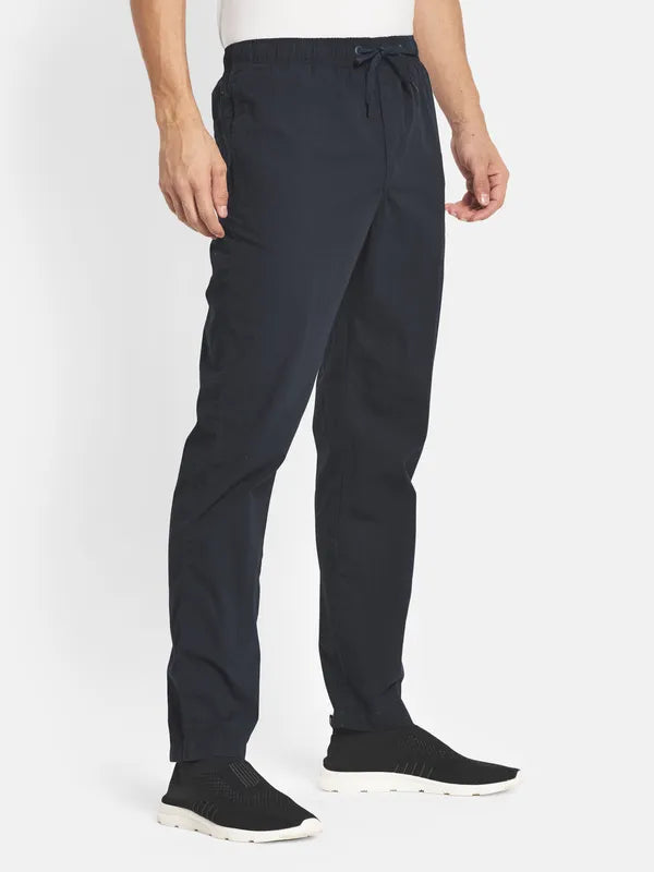 Men Navy Blue Solid Cotton Track Pants Plus Size