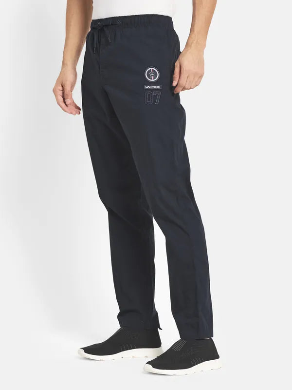 Men Navy Blue Solid Cotton Track Pants Plus Size