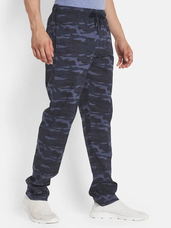 Men Plus Size Navy Blue Printed Cotton Track Pants