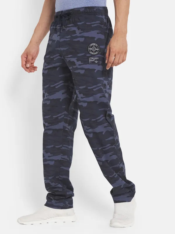 Men Plus Size Navy Blue Printed Cotton Track Pants