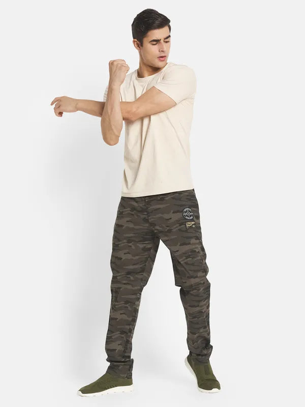 Men Olive Green Camouflage Printed Cotton Track Pants