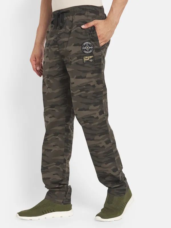 Men Olive Green Camouflage Printed Cotton Track Pants