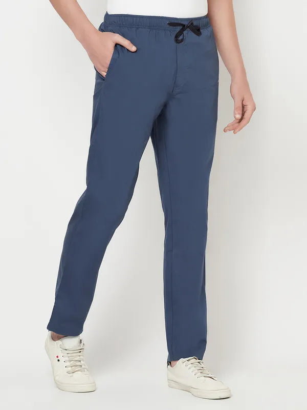 Octave Men Blue Solid Regular-Fit Cotton Track Pants