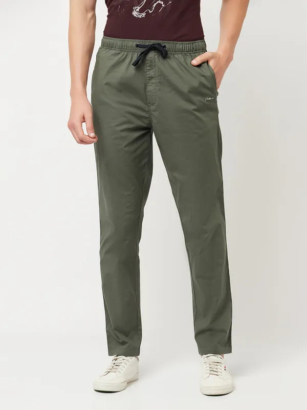 Octave Men Olive Green Solid Cotton Regular Fit Track Pants