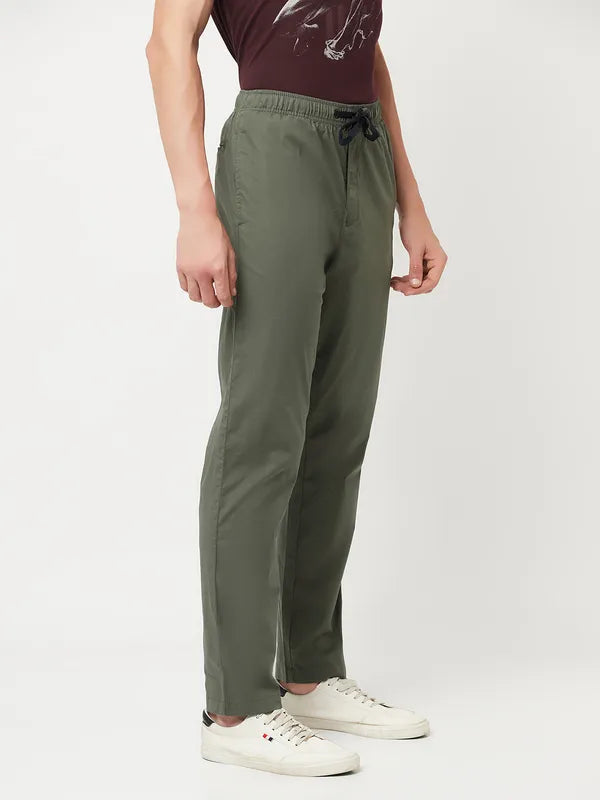 Octave Men Olive Green Solid Cotton Regular Fit Track Pants