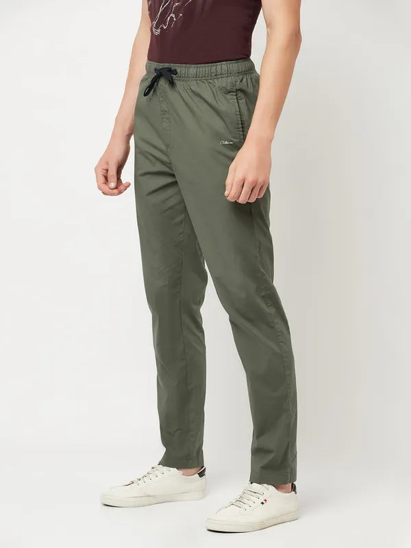 Octave Men Olive Green Solid Cotton Regular Fit Track Pants