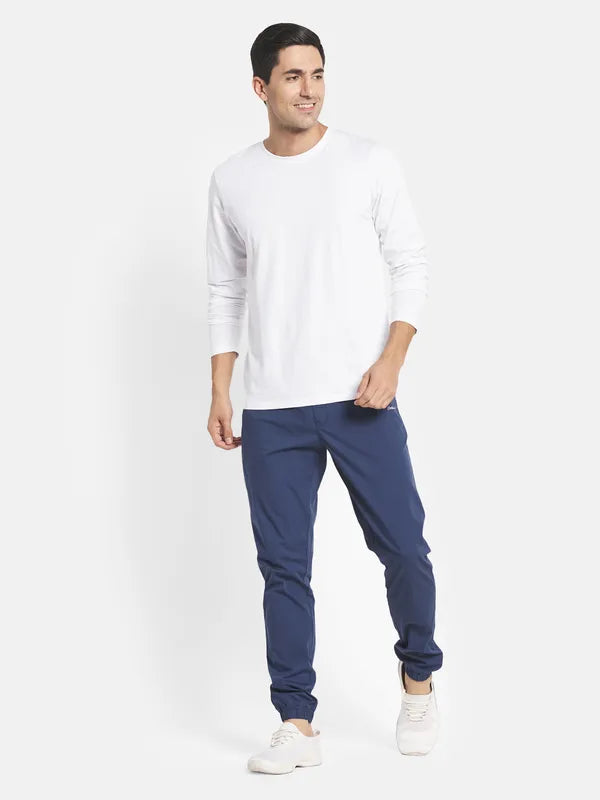 Men Blue Solid Cotton Regular Joggers