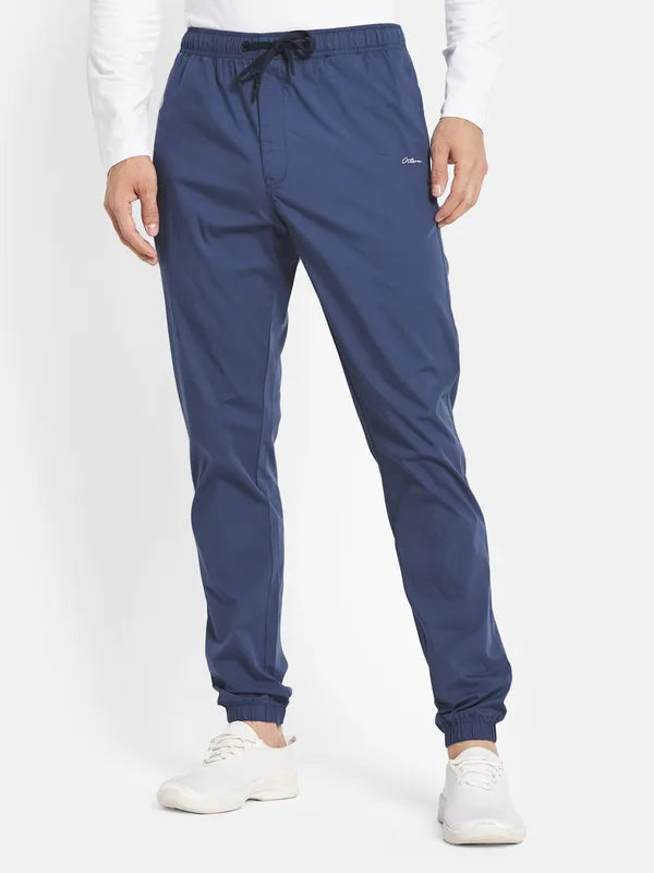 Men Blue Solid Cotton Regular Joggers