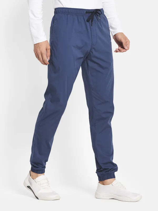 Men Blue Solid Cotton Regular Joggers