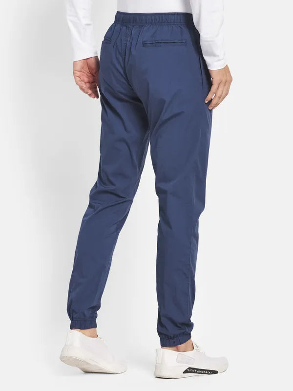 Men Blue Solid Cotton Regular Joggers