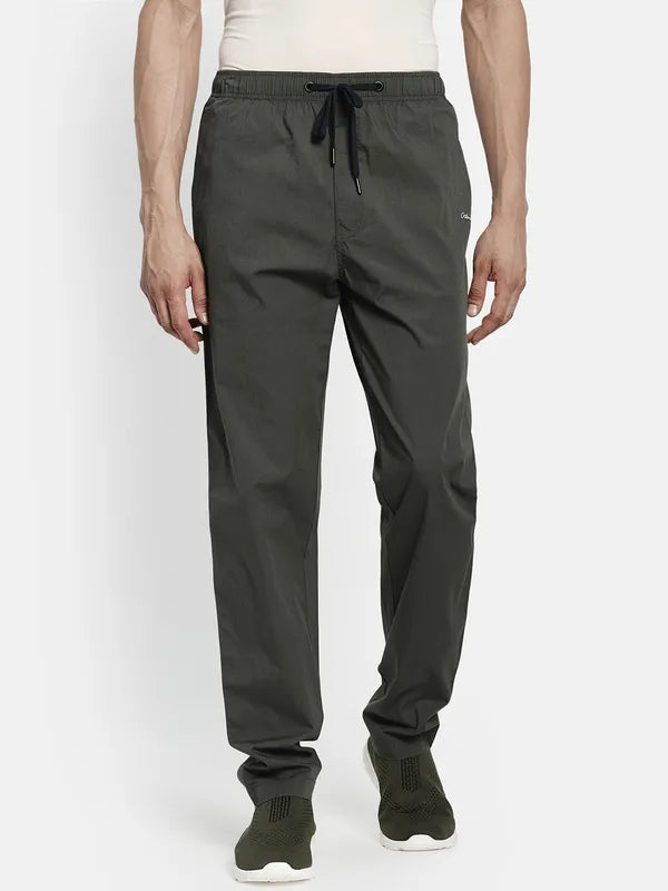 Men Olive Green Solid Cotton Track Pants