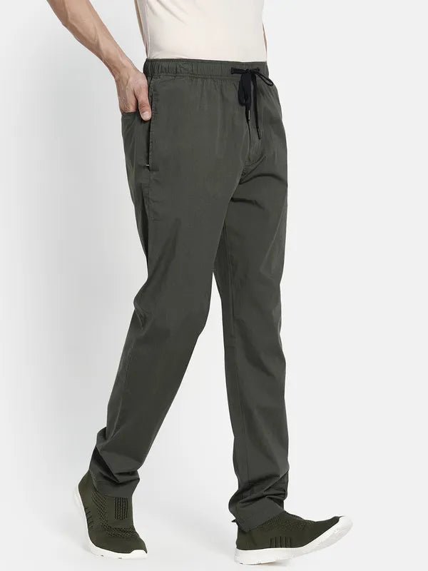 Men Olive Green Solid Cotton Track Pants