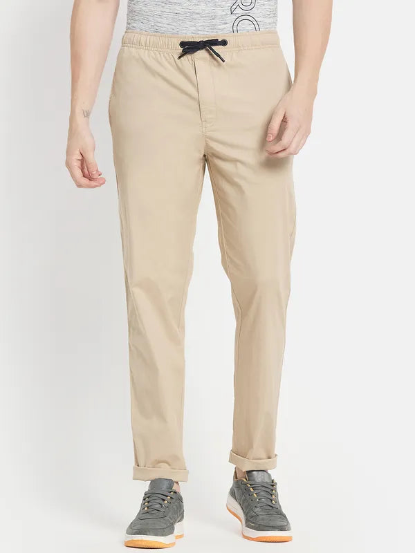 Men Cream-Colored Solid Cotton Track Pants