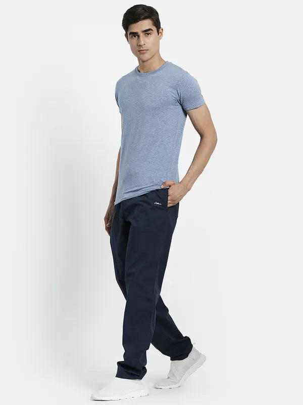 Men Navy Blue Solid Cotton Track Pants