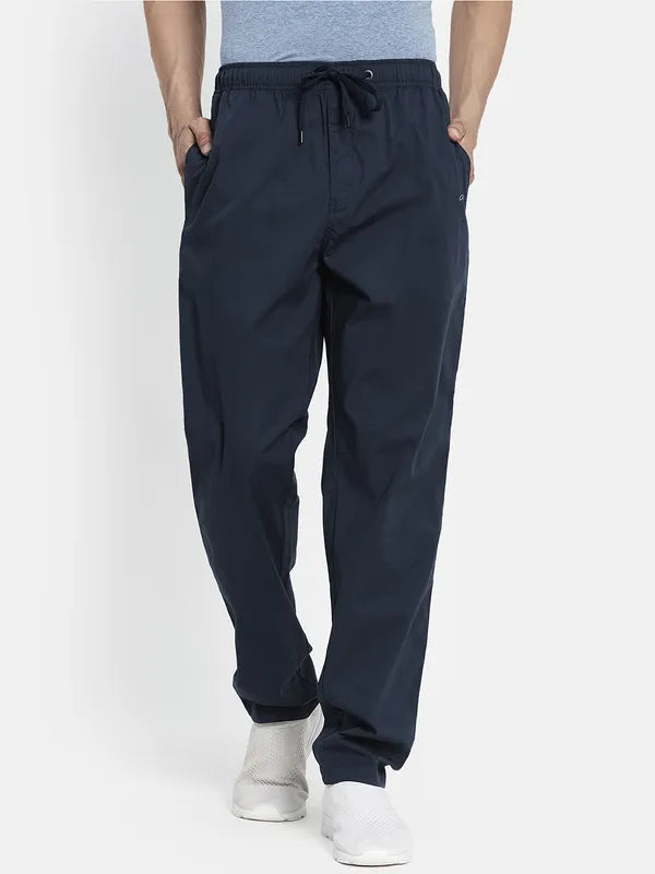 Men Navy Blue Solid Cotton Track Pants