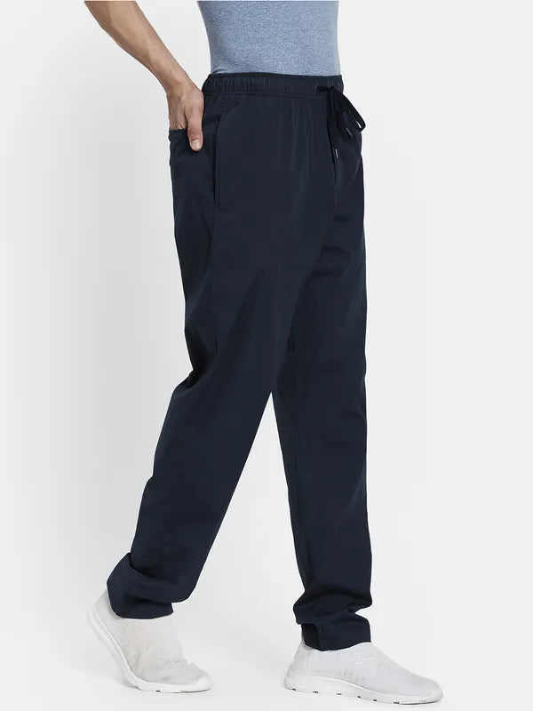 Men Navy Blue Solid Cotton Track Pants