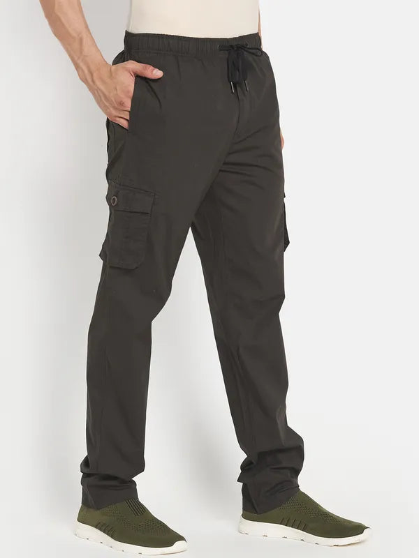 Men Olive Green Solid Cotton Track Pants