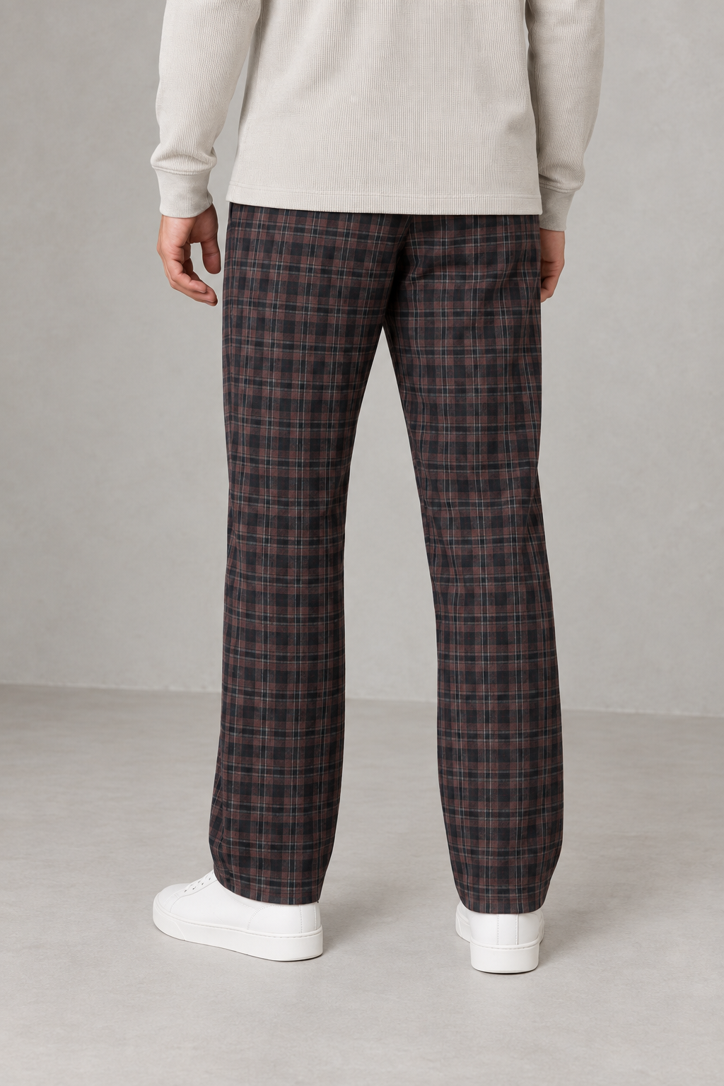 Men’s Yarn-Dyed Brushed Check Lower in Brown – Regular Fit Winter Trousers