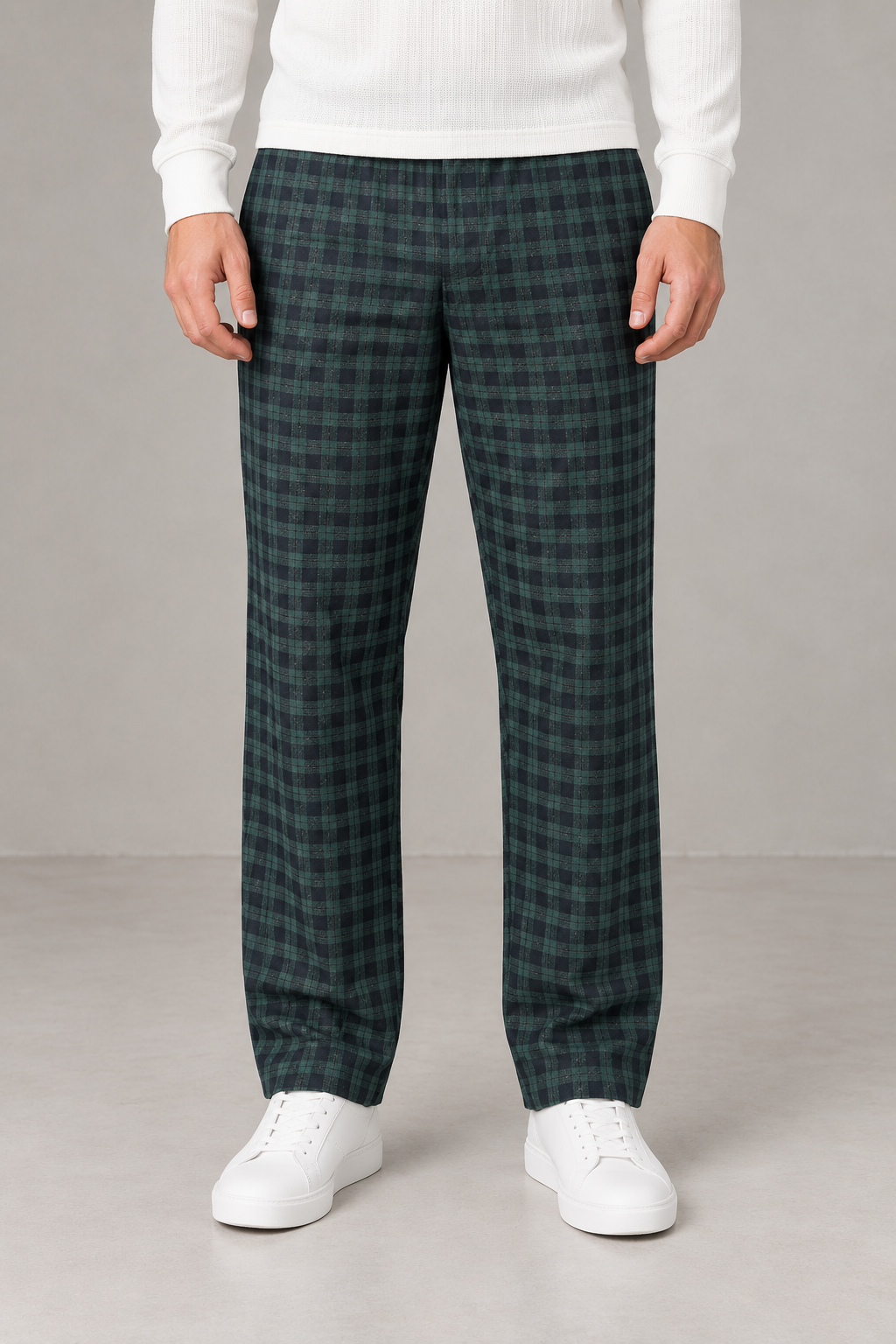 Men’s Yarn-Dyed Brushed Check Lower in Olive– Regular Fit Winter Trousers