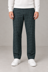 Men’s Yarn-Dyed Brushed Check Lower in Olive– Regular Fit Winter Trousers