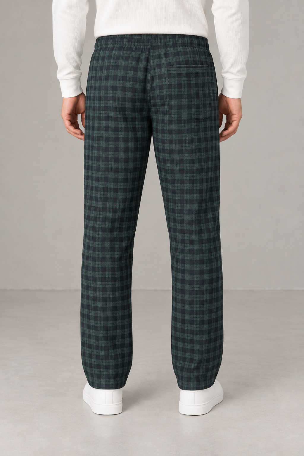 Men’s Yarn-Dyed Brushed Check Lower in Olive– Regular Fit Winter Trousers