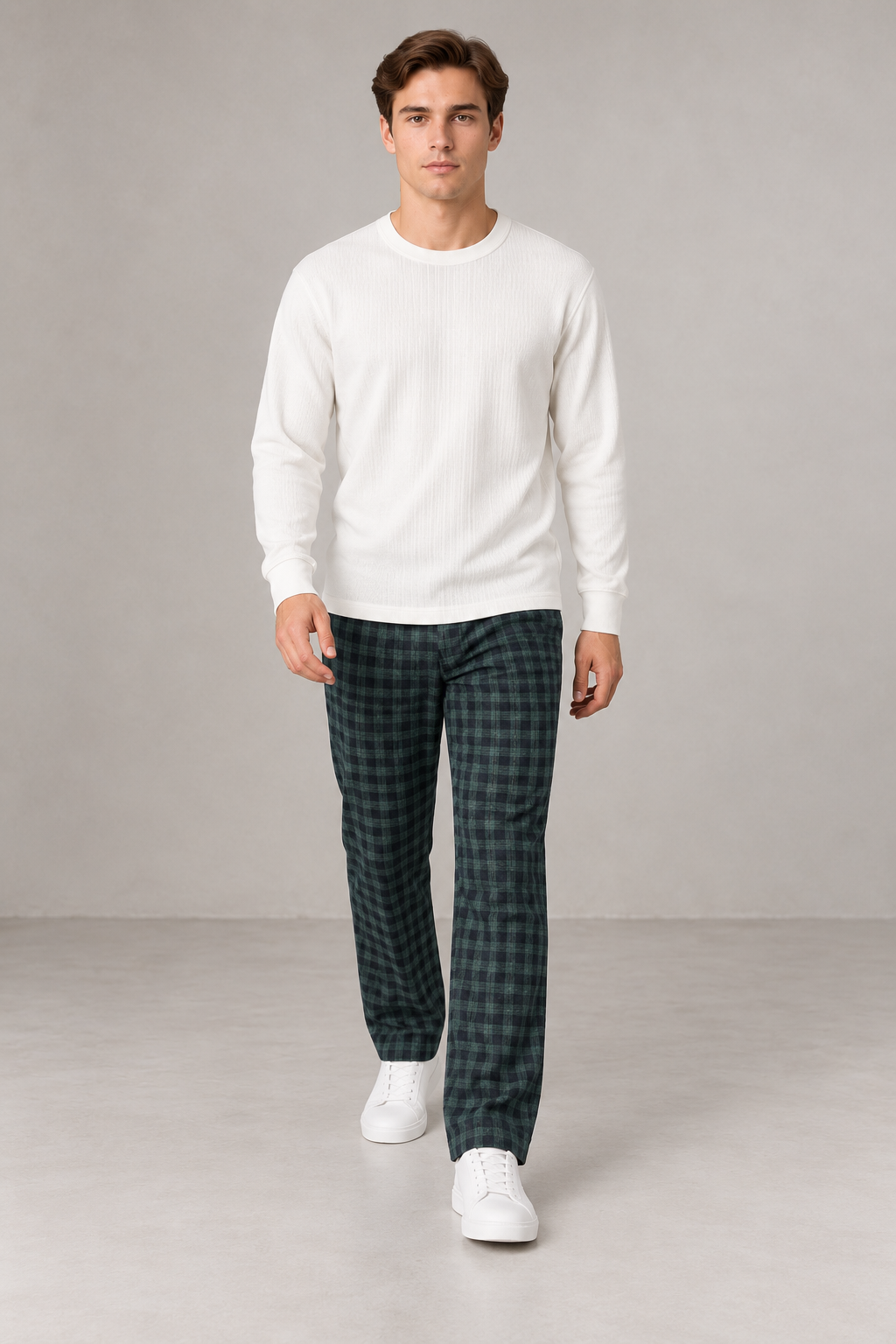 Men’s Yarn-Dyed Brushed Check Lower in Olive– Regular Fit Winter Trousers