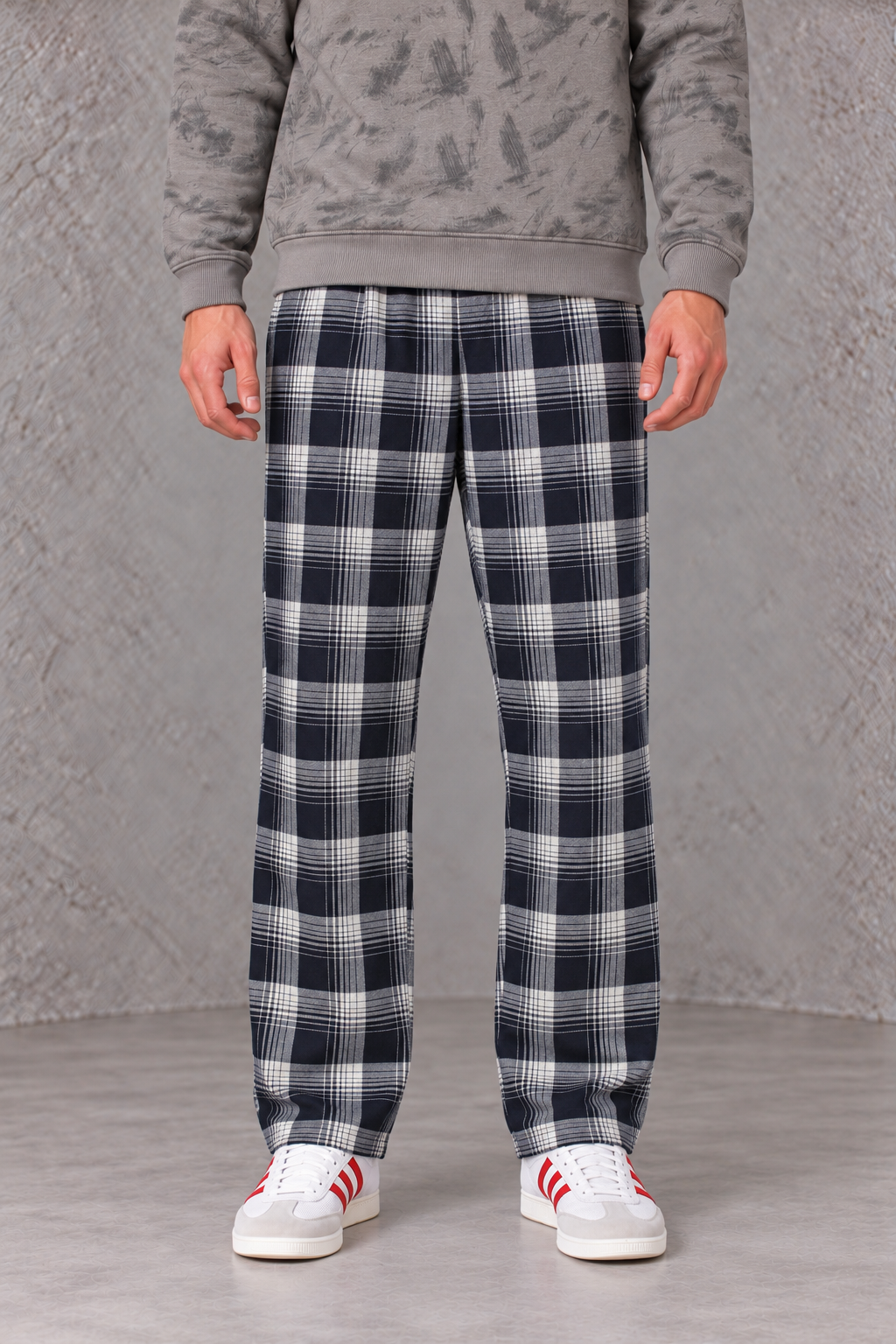 Men's Brushed Yarn Dyed Plaid Navy Blue Woven Lower with Drawstring Waist
