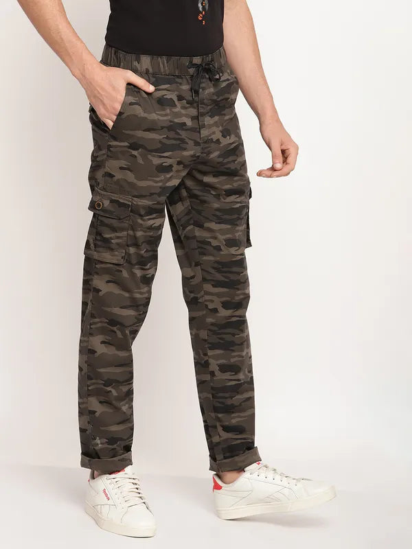 Octave Men Olive Green Camouflage Printed Cotton Track Pants