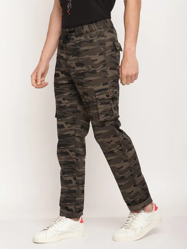 Octave Men Olive Green Camouflage Printed Cotton Track Pants