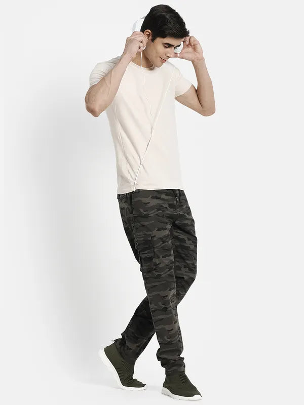 Men Olive Green Camouflage Printed Cotton Track Pants