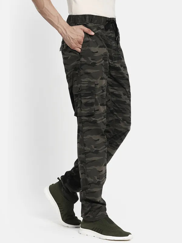 Men Olive Green Camouflage Printed Cotton Track Pants