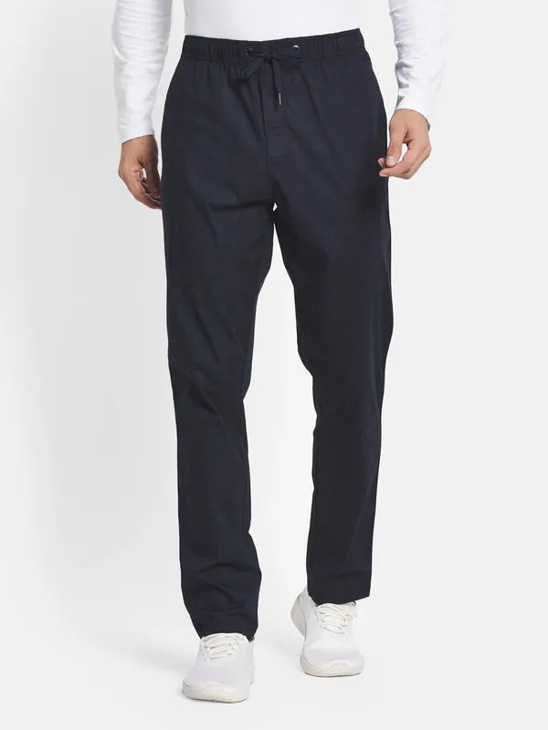 Men Navy Blue Solid Cotton Track Pants