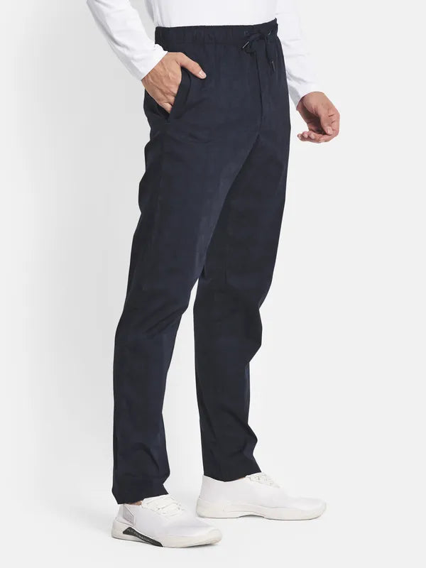 Men Navy Blue Solid Cotton Track Pants