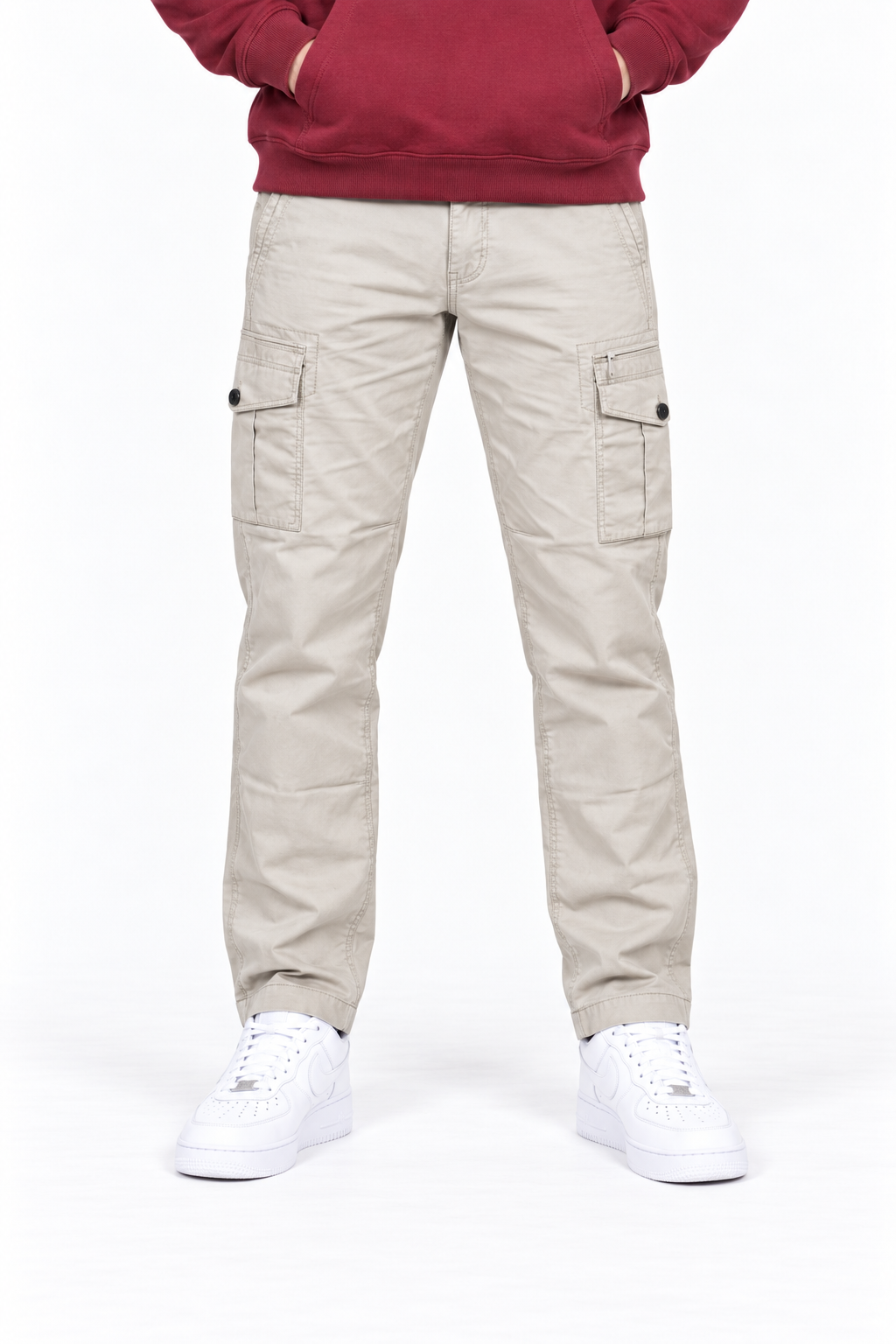 Men’s Poplin Lycra Cargo Lower in Sand – Regular Fit Woven Cargo Pants