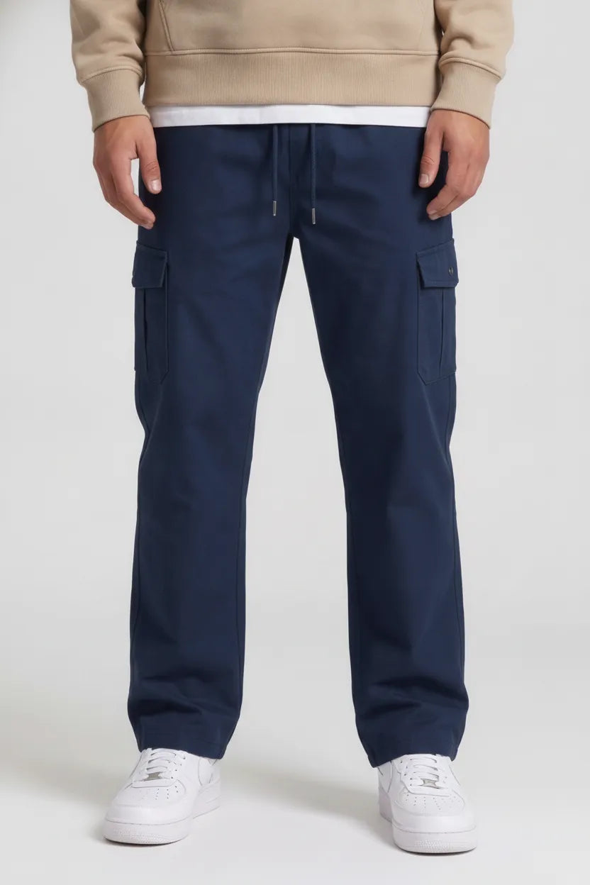 Men’s Poplin Lycra Cargo Lower in Navy – Regular Fit Utility Cargo Pants