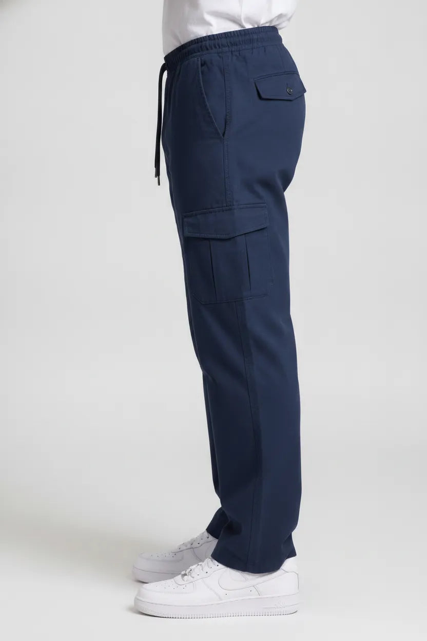 Men’s Poplin Lycra Cargo Lower in Navy – Regular Fit Utility Cargo Pants