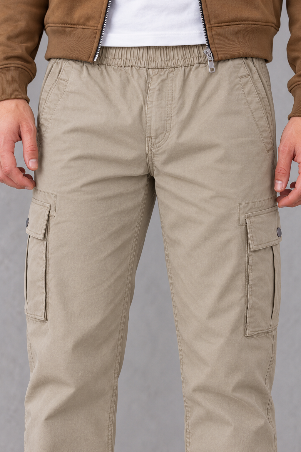 Men's Cotton Stretch Twill Light Sand Cargo Lower with Elasticated Waistband