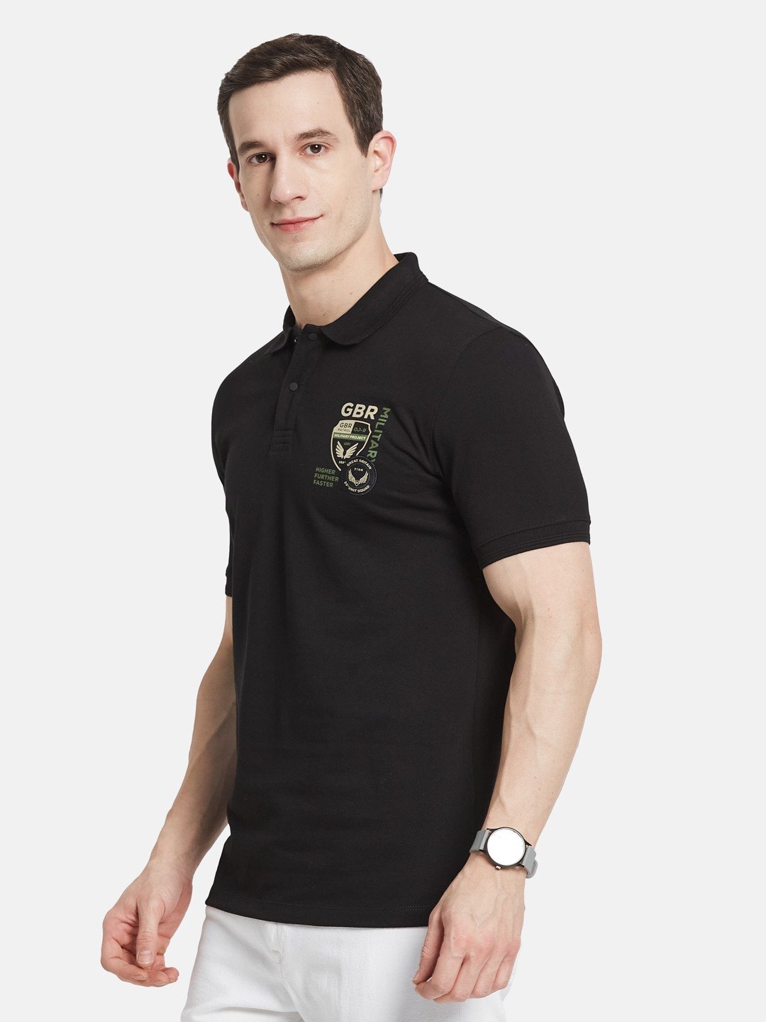 SOLID POLO NECK PIQUE MILLITARY APPLIQUED T-SHIRT