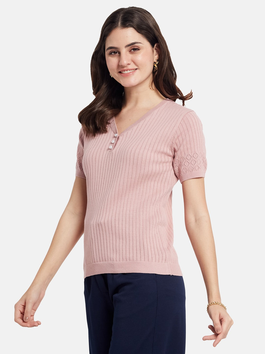 METTLE Self Design Printed V-Neck Cotton T-shirt