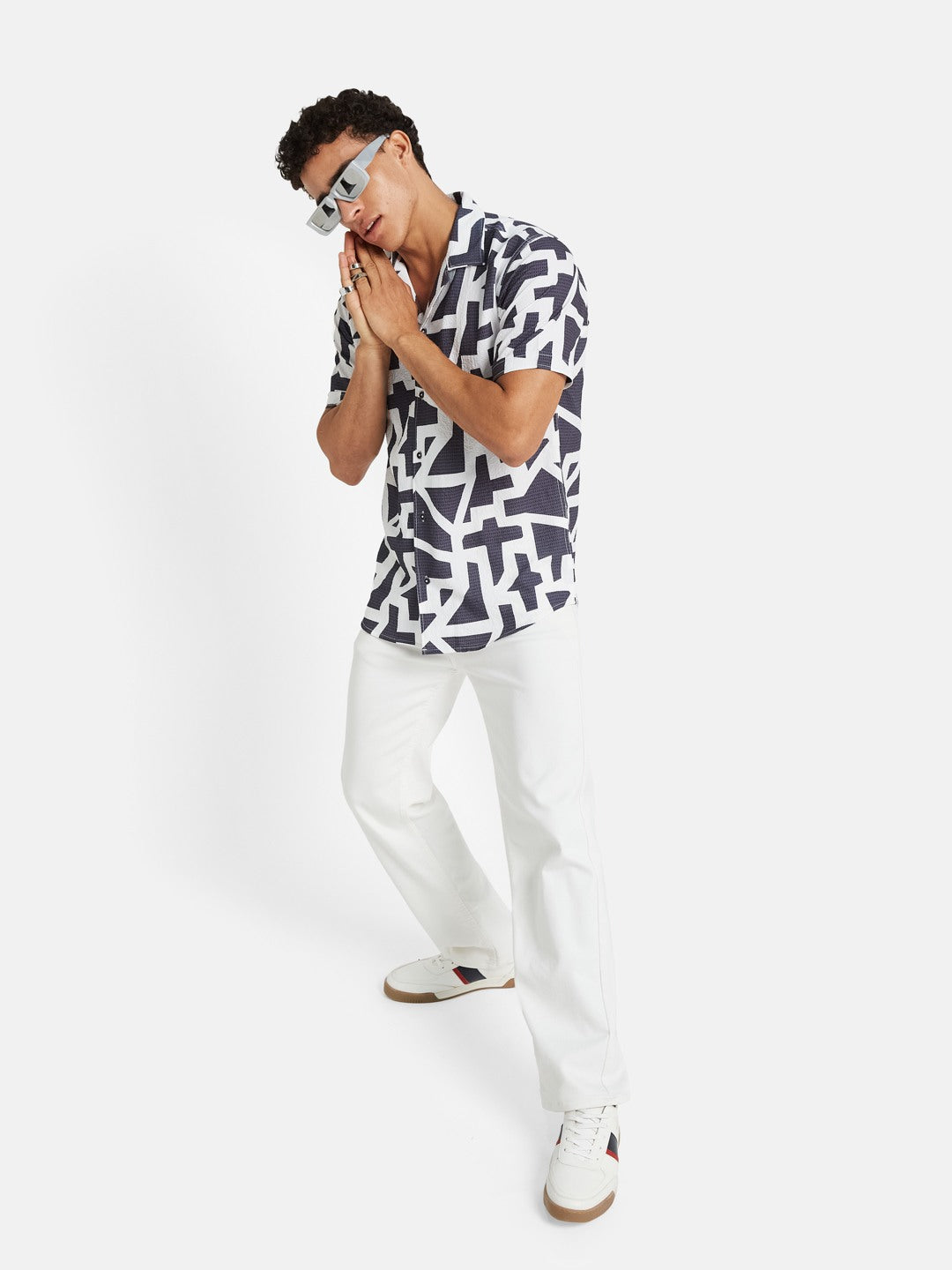 METTLE Abstract Printed Spread Collar Cotton Shirt
